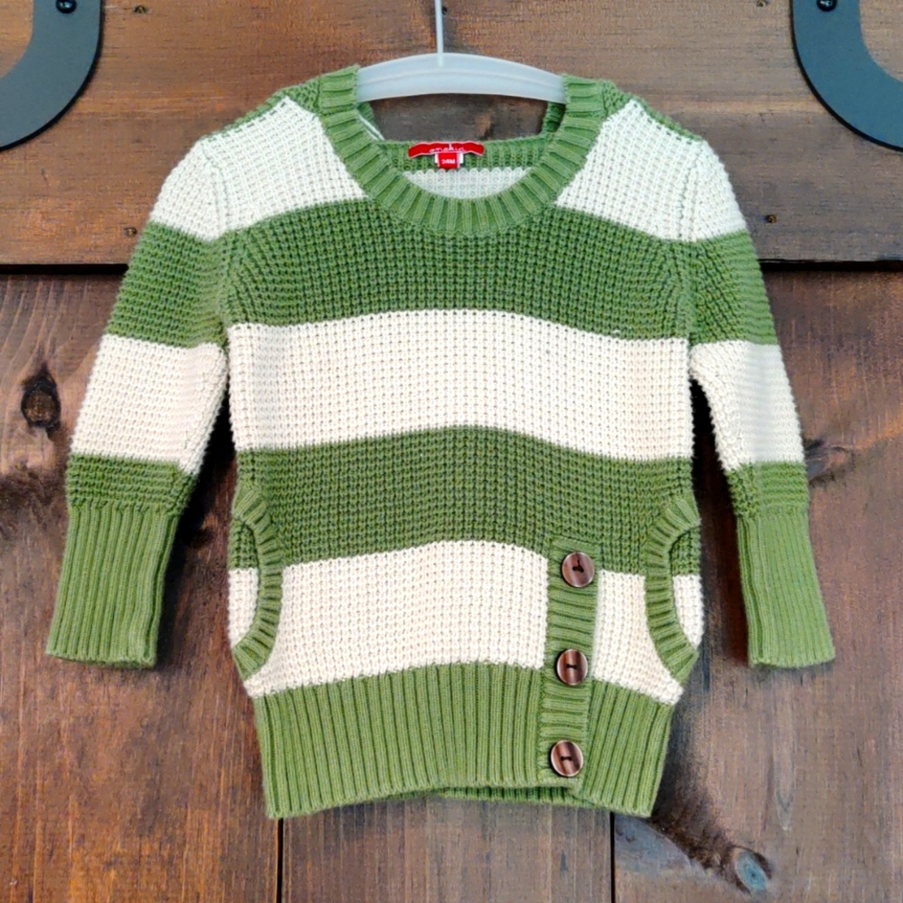 Onekid, Green and White Striped Hooded Sweater size 24m